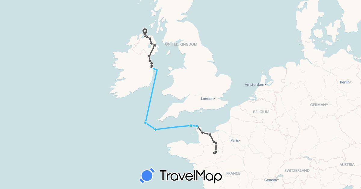 TravelMap itinerary: hiking, boat, motorbike in France, United Kingdom, Guernsey, Ireland (Europe)